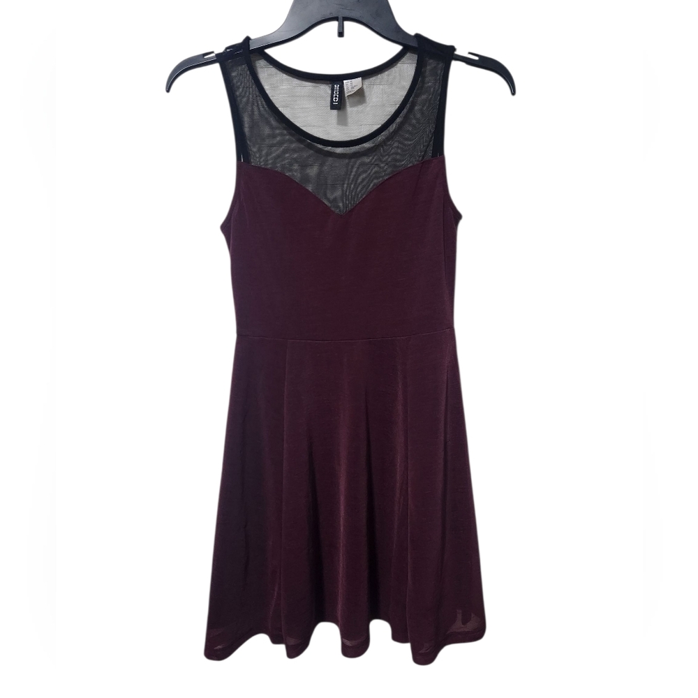 H&M Divided Burgundy Dress with Mesh Detail Skater Dress Sleeveless XS